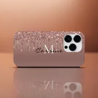 Custom Monogram Rose Gold Glitter Drips Metallic Case-Mate iPhone 14 Pro Case