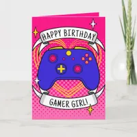 Gamer Girl Blue Controller Birthday Card