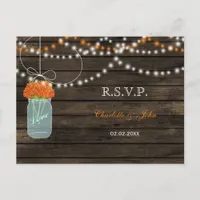 Barnwood mason jars orange wedding RSVP Invitation Postcard