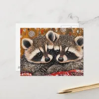 Cute Adorable Baby Raccoons on Red Blanket Postcard