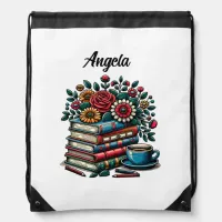 Personalized Vintage Books, Coffee and Flowers Drawstring Bag