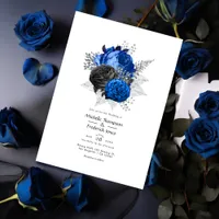 Royal Blue, Black and Silver Floral Wedding Invitation