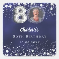 80th birthday navy blue silver stars photo square sticker