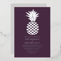 Deep Plum & Silver Tropical Pineapple Wedding Foil Invitation