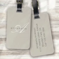 Minimalist Beige Linen Monogram Script Luggage Tag