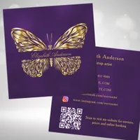 Butterfly purple gold QR code elegant script Square Business Card