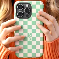 Monogrammed Mint And White Checkerboard Pattern iPhone 15 Case
