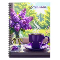 Pretty Purple Lilacs and Coffee Personalized Notebook