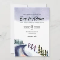 Winter Road Pine Fence Rustic Watercolor Wedding Invitation
