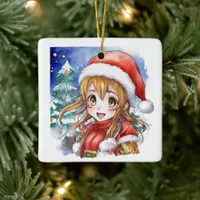 Cute Watercolor Anime Girl Christmas Personalized Ceramic Ornament