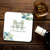 Greenery eucalyptus monogrammed wedding square paper coaster