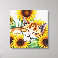 Cute Napping Kitten and Sunflowers Canvas Print