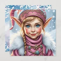 Adorable Pink Elf | Merry Christmas Personalized Holiday Card