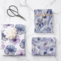 Three Abstract Floral Watercolor Lavender Blue Wrapping Paper Sheets