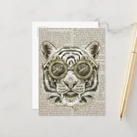 Steampunk Tiger on Vintage Text Postcard