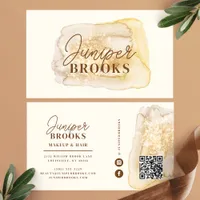 Neutral Gold Watercolor Glitter Social Media QR Business Card