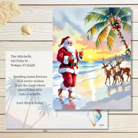 Watercolor Santa & Reindeer on the Beach Christmas Holiday Postcard
