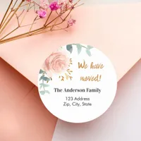 Rose gold pink floral moved new address classic round sticker