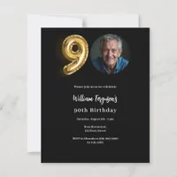 Black gold photo 90th birthday invitation