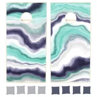 Turquoise, Dark Blue and White Marble Agate Swirls Cornhole Set