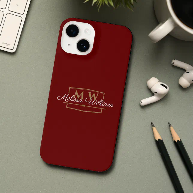 Red White Gold Monogram Name Script iPhone 14 Case