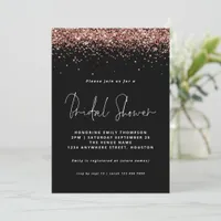 Elegant Rose Gold Glitter Bridal Shower Black Invitation