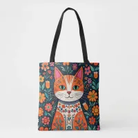 Whimsical Folk Art Cat and Flowers Tote Bag