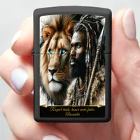 Regal warrior with lion companion.  zippo lighter