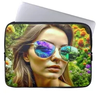 Beautiful Girl with Sunglasses Reflection Flowers Laptop Sleeve