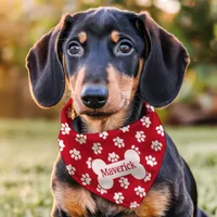 Red And White Paw Print Dog Bone Custom Name Pet Bandana Collar