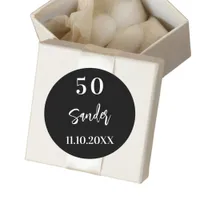 Birthday black white script minimalist classic round sticker