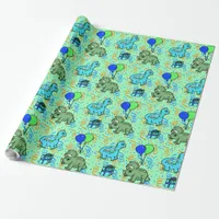 Blue and green Confetti Dinosaurs Birthday Wrapping Paper