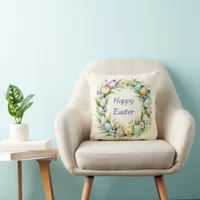 Pretty Floral Watercolor Flowers Eggs Happy Easter Throw Pillow