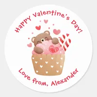 Cute Bear in Cupcake Custom Kids Valentine's Day Classic Round Sticker