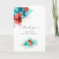 Turquoise & Coral Watercolor Floral Wedding Photo Thank You Card