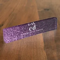 Purple glitter monogram initials luxury desk name plate