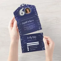 60th Birthday navy blue photo silver stars rsvp All In One Invitation