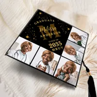 Elegant Monogram Personalized Black Gold 5 Photo  Graduation Cap Topper