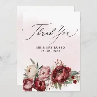  Script Elegant Burgundy Blush Floral Wedding  Thank You Card