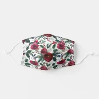 Burgundy Roses, Pine, Holly Christmas Floral Adult Cloth Face Mask