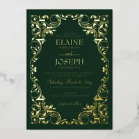 Rustic Elegant Ornate Frame Green Wedding Foil Invitation