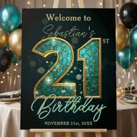 Glam Teal Gold Mosaic 21st Birthday Party Welcome Foam Board