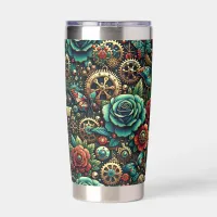 Beautiful Steampunk Themed Gears and Roses Insulated Tumbler