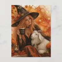 Beautiful Witch and her Goat in Autumn Postcard