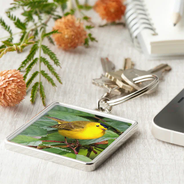 Cute Wilson's Warbler Songbird in Cherry Tree Keychain