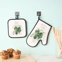Watercolor Tropical Leaves Greenery Personalized Oven Mitt & Pot Holder Set