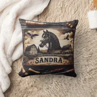 Custom Wood Engraving of Horse and Barns Throw Pillow