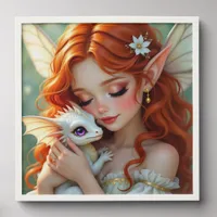 Pretty Red Haired Fairy with Dragon Peel And Stick Photo Tile