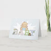 Baby Boy on Blue Striped Background Blank New Baby Announcement