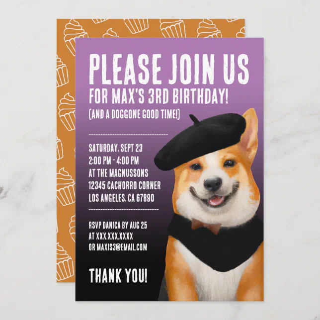 Cute Chic Corgi Dog Wearing Beret & Bandana Invitation